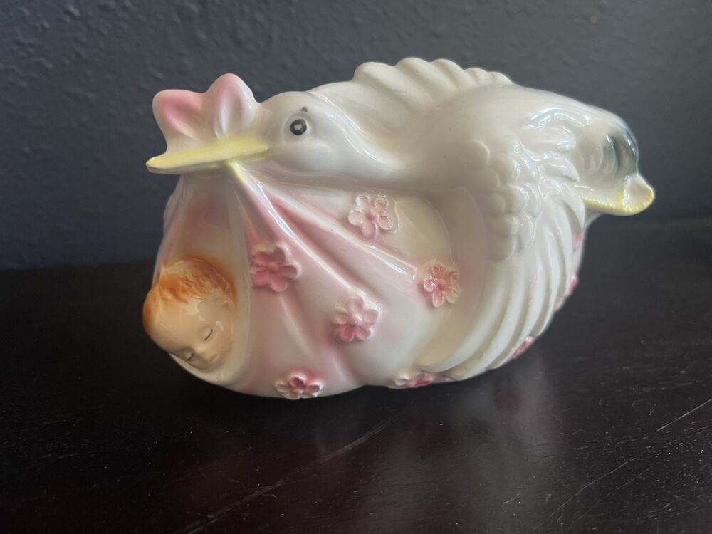 Vintage Relpo Japan Baby Stork Planter #6468 Nursery Baby Shower Ceramic